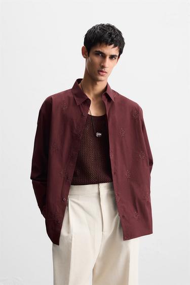 FLORAL EMBROIDERY SHIRT - Burgundy by Zara