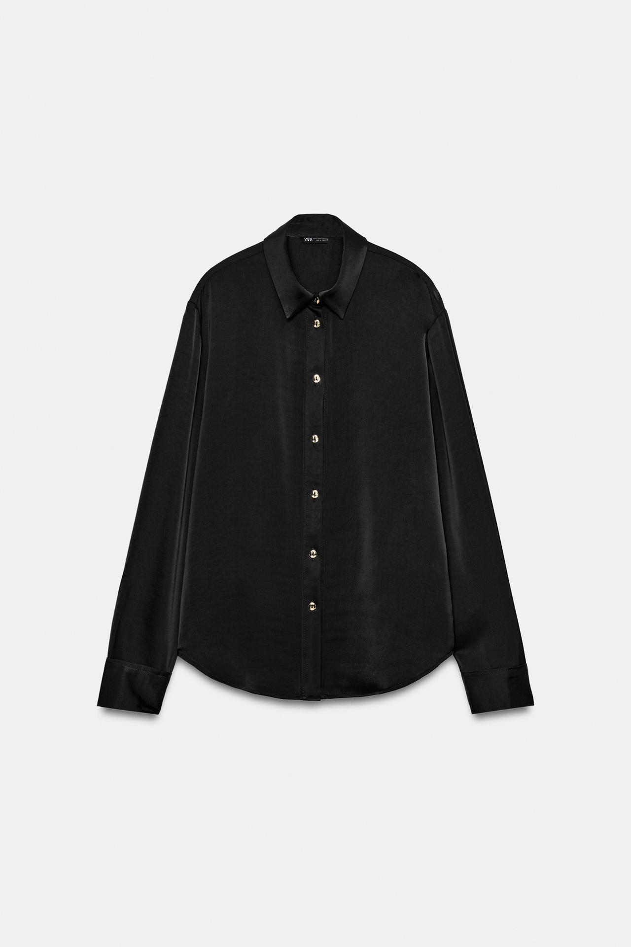 GOLD-BUTTON SATIN SHIRT — Black