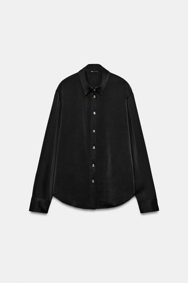 GOLD-BUTTON SATIN SHIRT — Black 2
