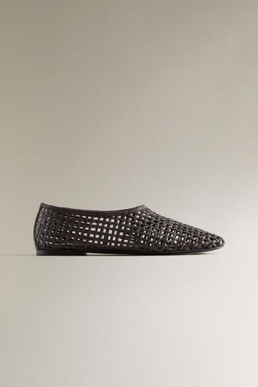 Zara BRAIDED LEATHER BALLET FLATS - Brown