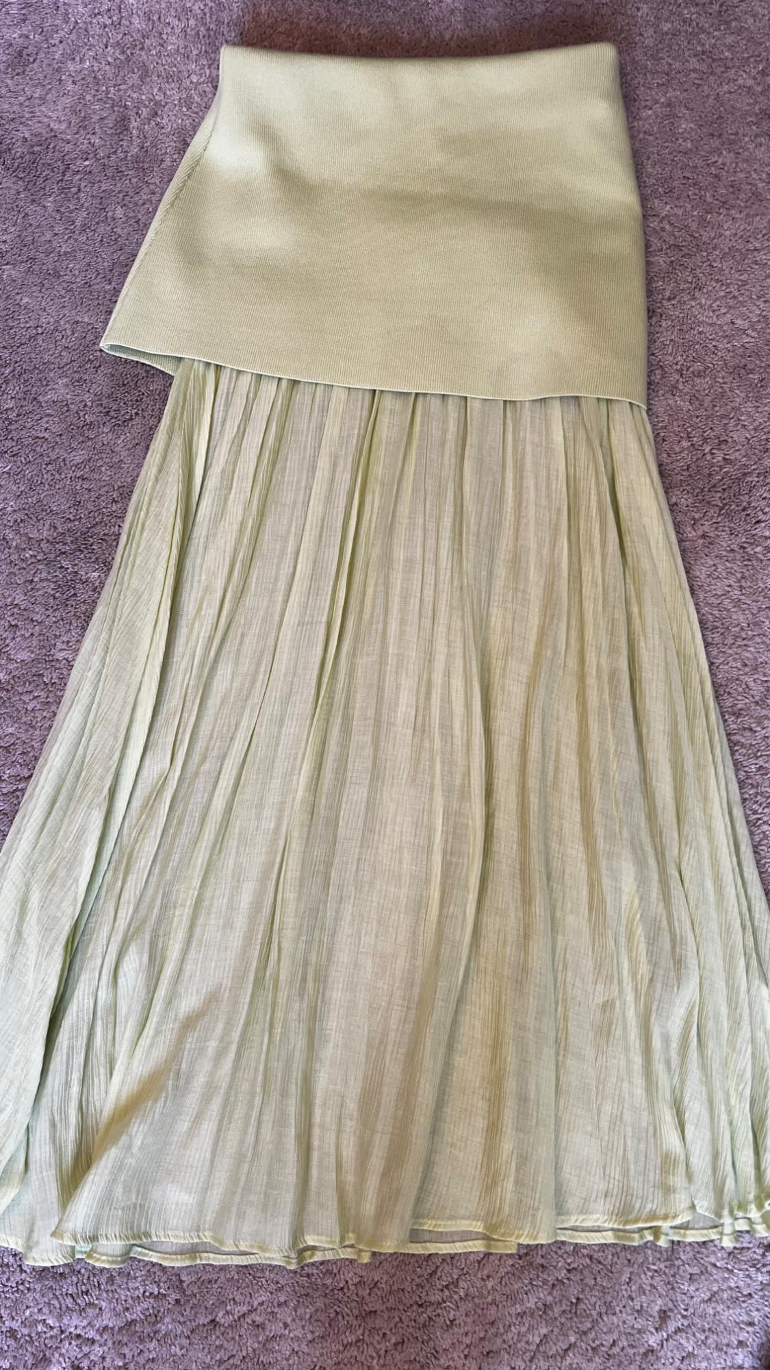 Light green maxi skirt with a wide waistband and flowing pleated skirt, photographed on a textured rug.