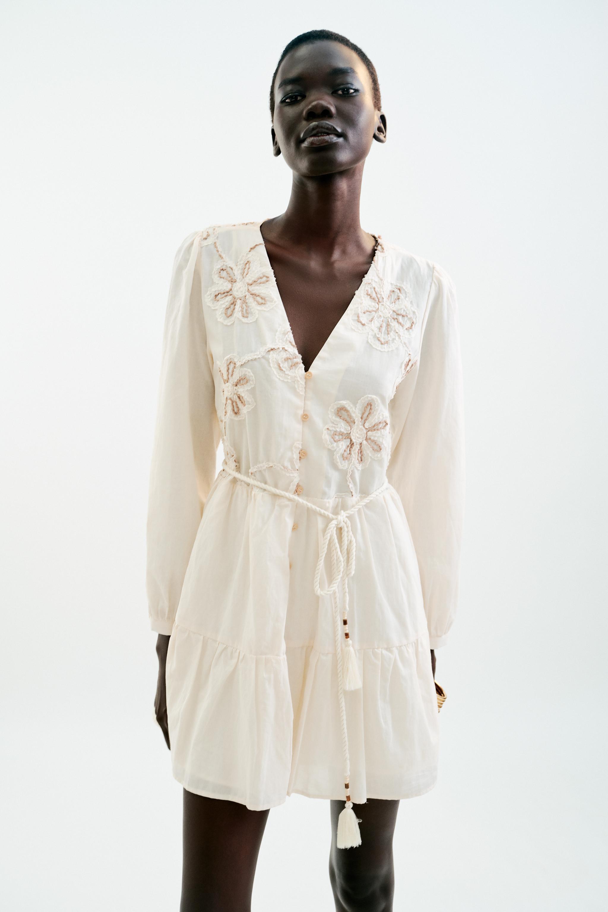 embroidered dress zara white - Chiffon Mini - - M Tonal embroidery details Zara Embroidered Dress ZARA White
