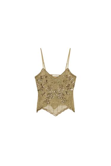 EMBROIDERED STRAPPY TOP - Khaki by Zara