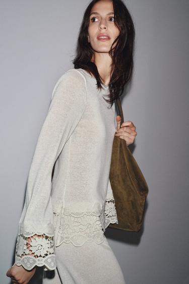 PANTALON GUIPURE COMBINÉ - Écru de Zara - Image 4