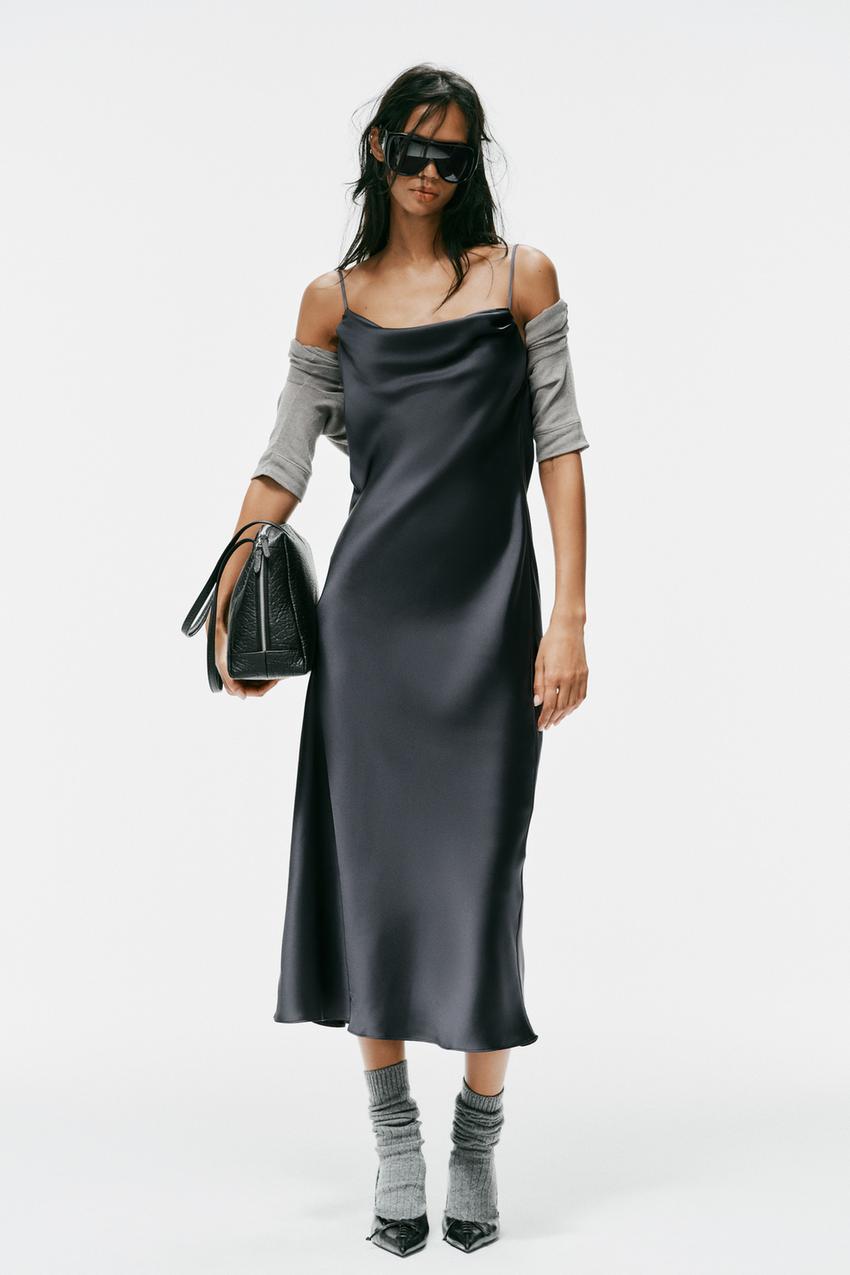 grey satin midi dress DRAPED - Dark charcoal gray formal satin silk dress