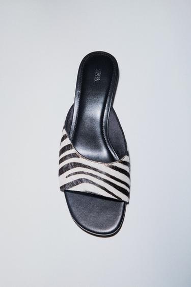 Zara ANIMAL PRINT LEATHER KITTEN MULES - Zebra
