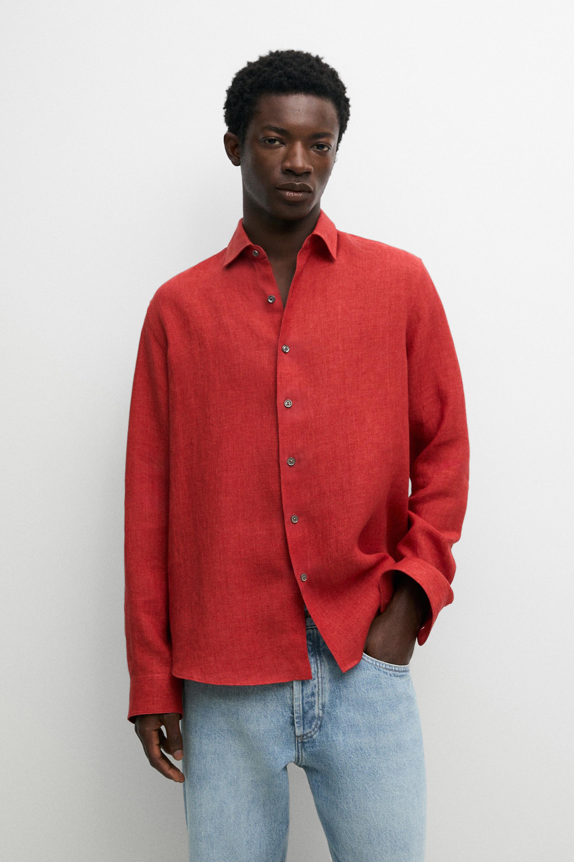 Regular fit 100% linen faded shirt — Red