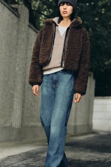 CROPPED FAUX SHEARLING COAT - Brown by Zara