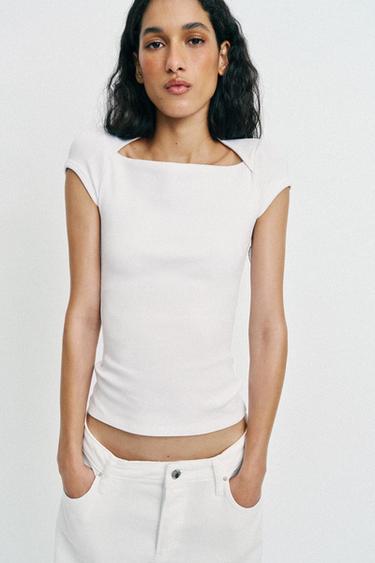 SLIM FIT SQUARE NECK T-SHIRT - White by Zara