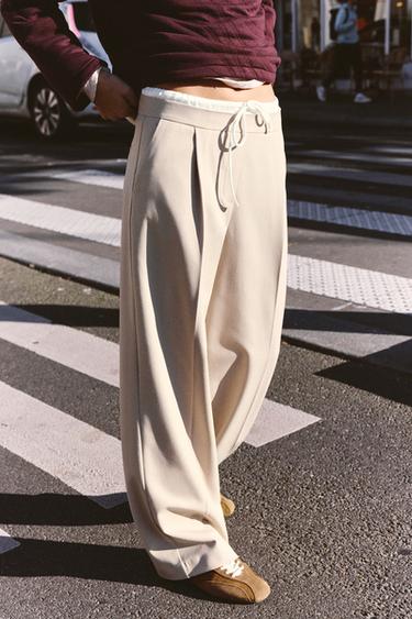 PANTALÓN ANCHO CINTURA DOBLE - Arena de Zara
