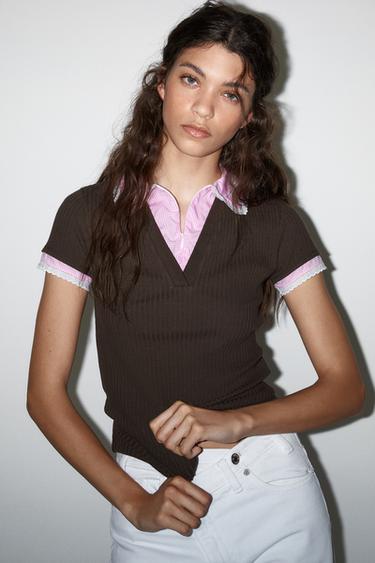 Zaras RIBBSTICKAD T-SHIRT MED BLUSKRAGE - Brun