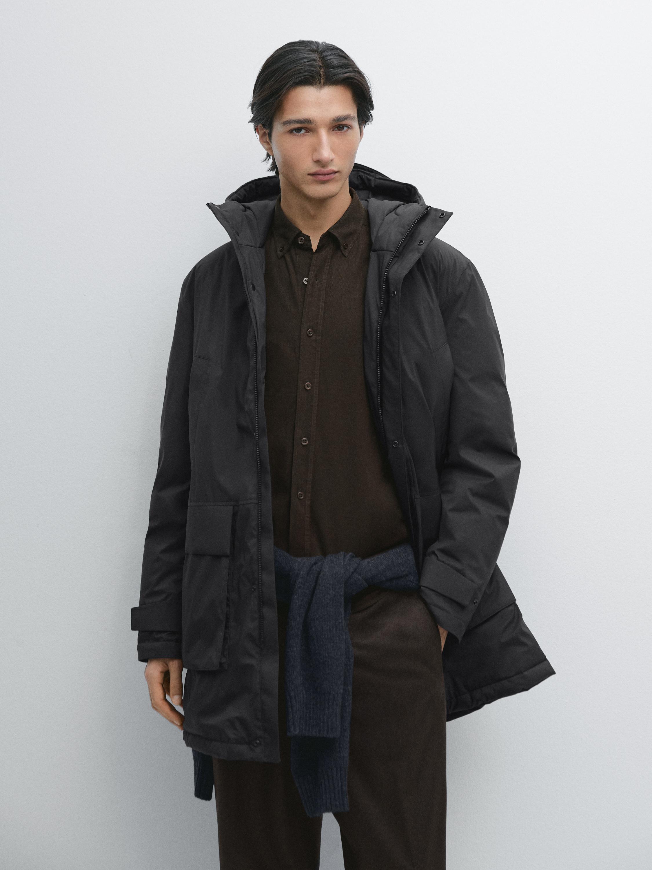 Long water-repellent down blend hooded parka