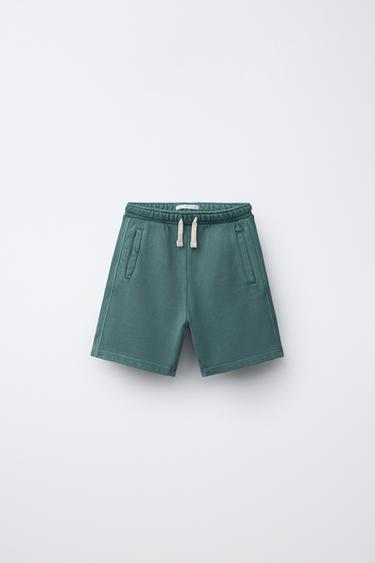 GARMENT DYED PLUSH BERMUDA SHORTS WITH LOGO - Green / Blue by Zara