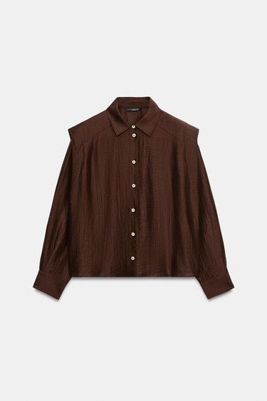CAMISA HOMBRERAS CON LINO - Marrón oscuro de Zara