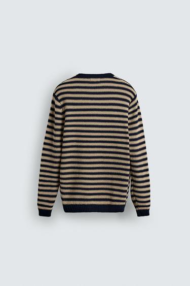 Zara STRIPED JACQUARD SWEATER - Ecru / Navy