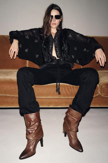 LEATHER ANKLE BOOTS WITH FRINGING - Brown by Zara