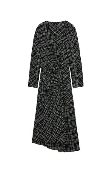 Front view of a draped midi dress with a khaki check print, V-neck, and long sleeves.