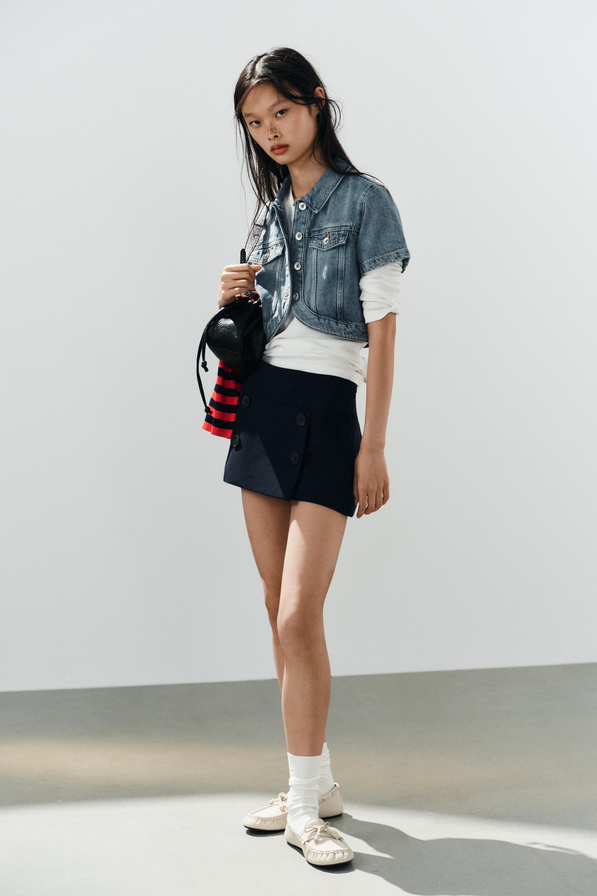 STRIPED BUTTON SKORT — Navy blue