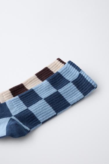 LOT DE DEUX PAIRES DE CHAUSSETTES MONTANTES À DAMIER - Marron-Bleu de Zara - Image 1