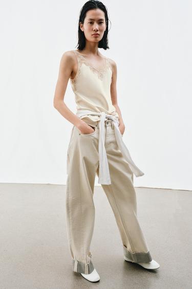 Zara SATIN EFFECT LACE TOP ZW COLLECTION - Ecru
