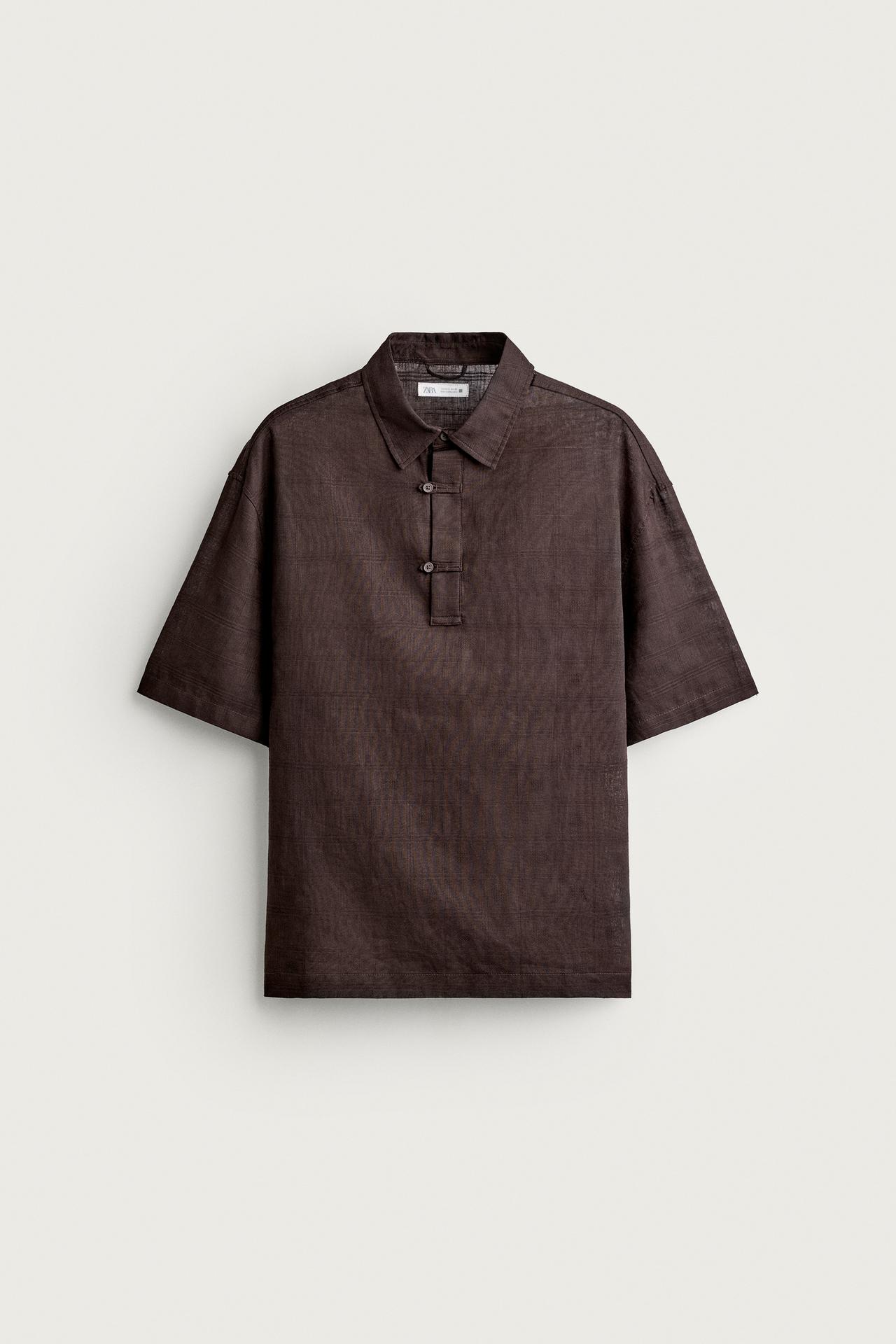 LINEN COTTON BLEND POLO SHIRT — Chocolate