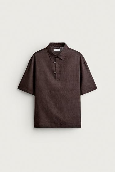 LINEN/COTTON POLO SHIRT - Chocolate by Zara