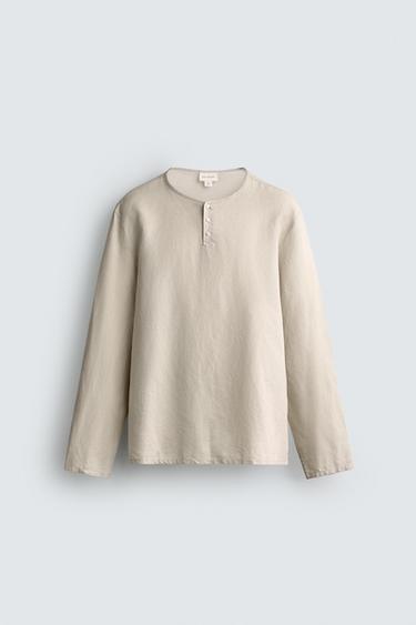 HEMP-COTTON HENLEY SHIRT - Sand by Zara