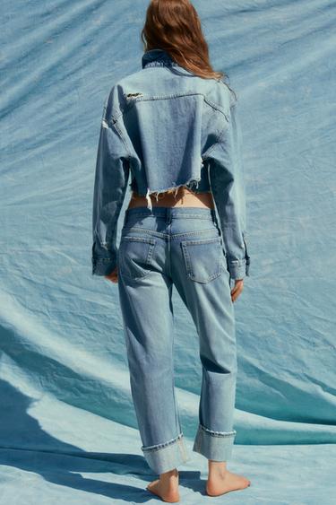 Zara TRF STRAIGHT RIPPED MID-RISE JEANS - Light blue