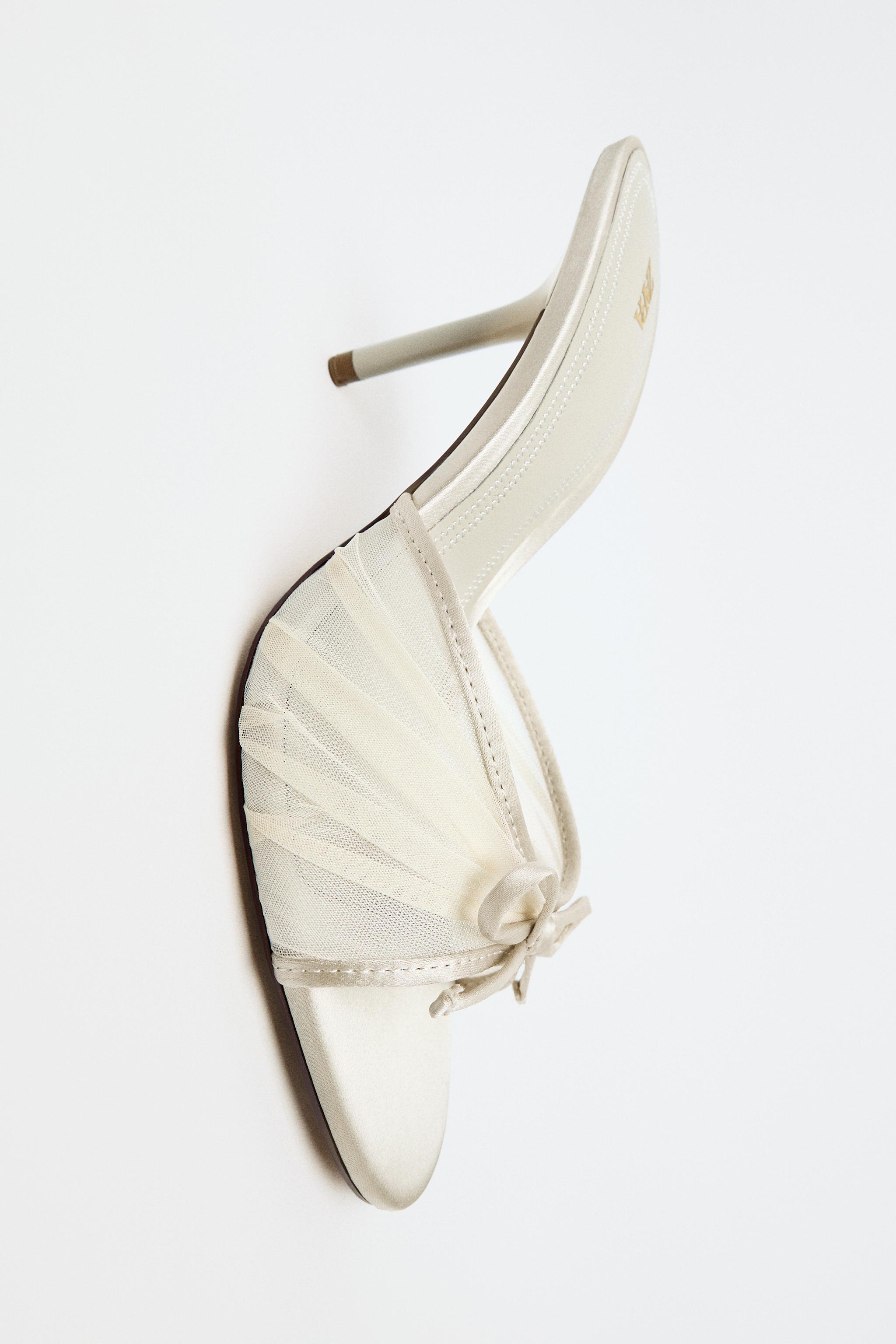 MESH BOW HEELED SANDALS — Ecru