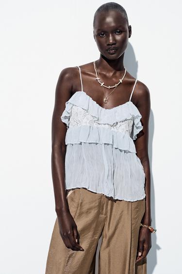 RUFFLED CRINKLED-EFFECT TOP - Pastel blue by Zara
