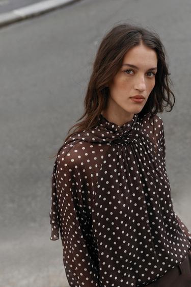 POLKA DOT BLOUSE WITH BOW - brown/white by Zara
