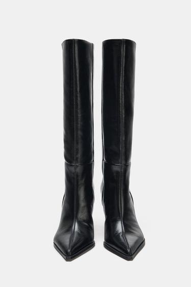 Zara HEELED LEATHER BOOTS - Black