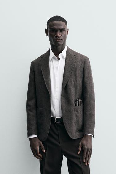 Zara WOOL TEXTURED BLAZER - Dark brown