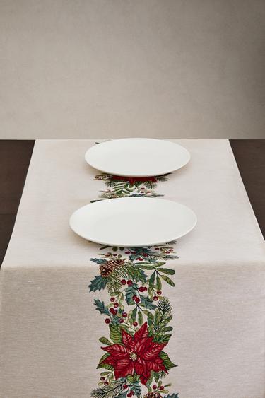 CHRISTMAS HOLLY JACQUARD TABLE RUNNER - Red by Zara - Image 1