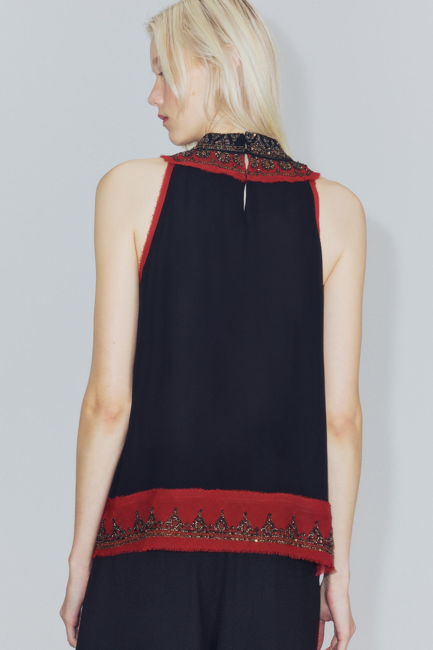 Женский топ Zara ZW Collection Embroidered Beaded Combined, цвет: Чёрный — фото 7