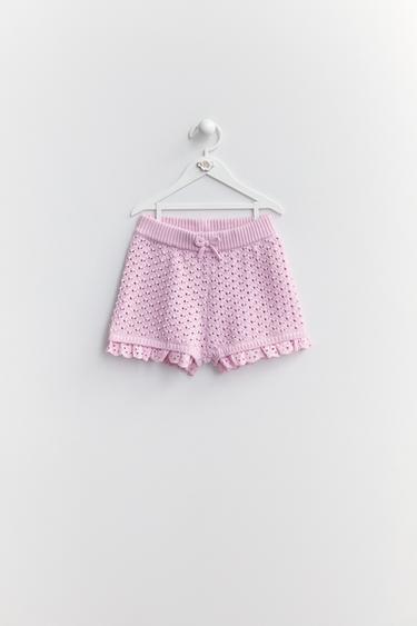 BERMUDASHORTS I STRIK MED BLONDEKANT - rosa-lilla fra Zara