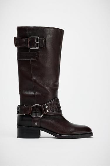 LEATHER FLAT EMBROIDERED BOOTS - Brown by Zara