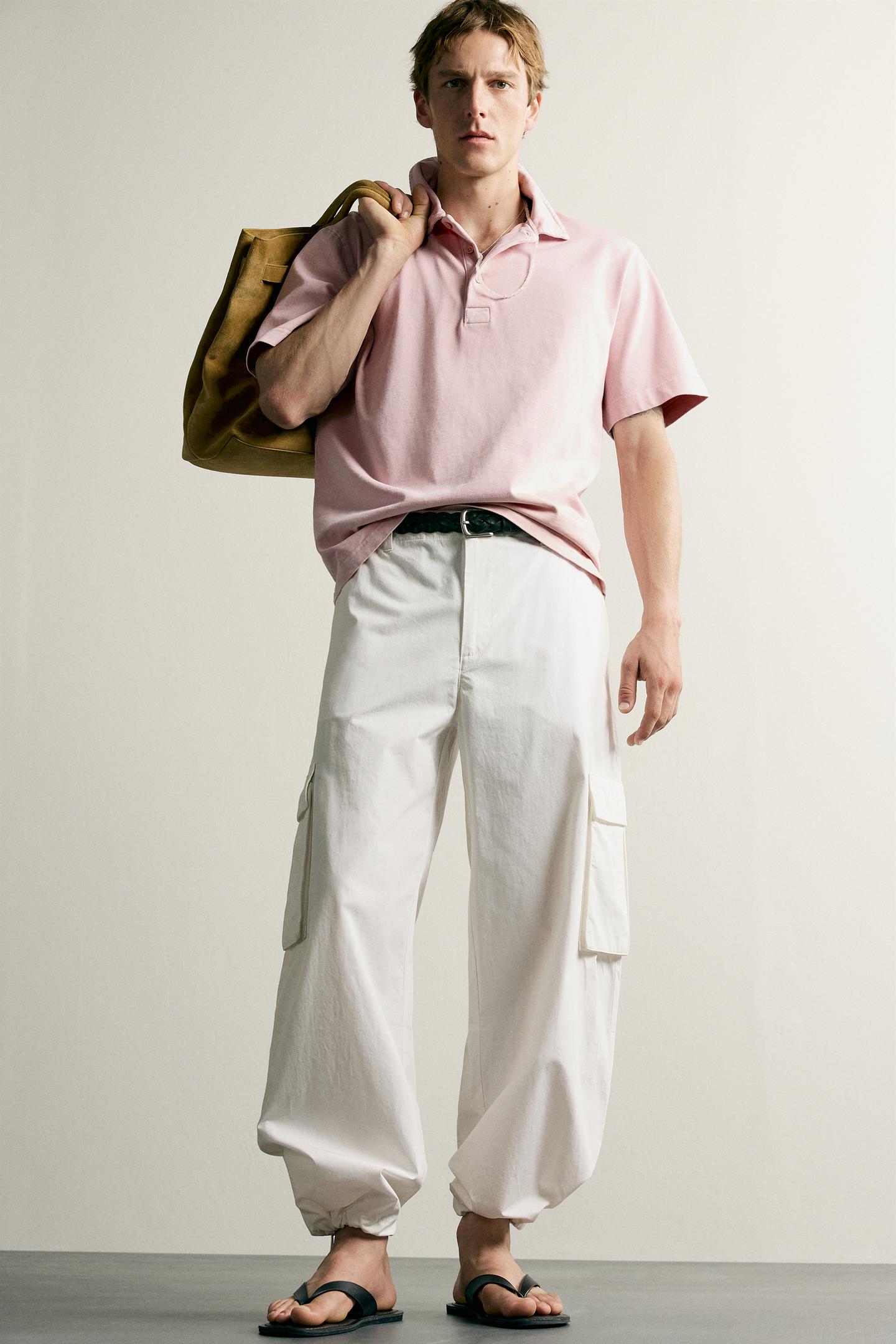 Мужское поло Zara Regular Fit Textured Polo, цвет: Розовый / Белый — фото 6