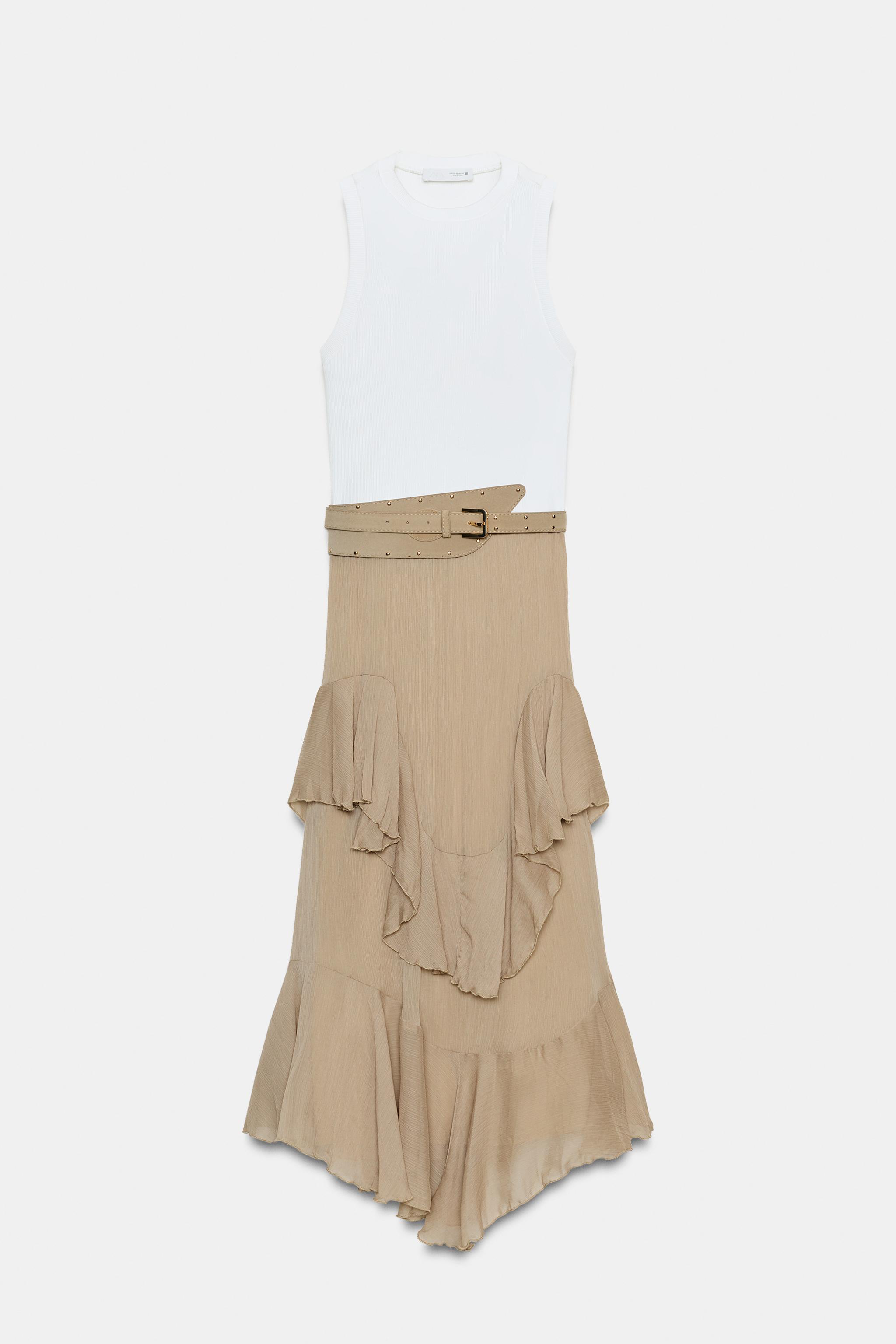 KONTRAST KEMERLİ FIRFIRLI ELBİSE