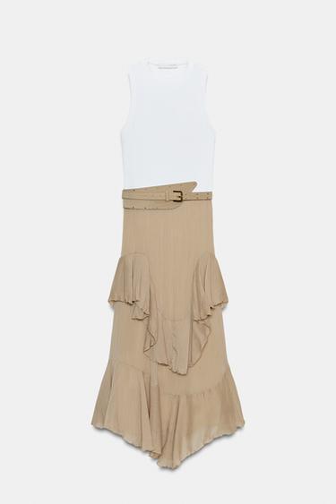 DRESS WITH BELT AND RUFFLES - CAMEL/WHITE by Zara