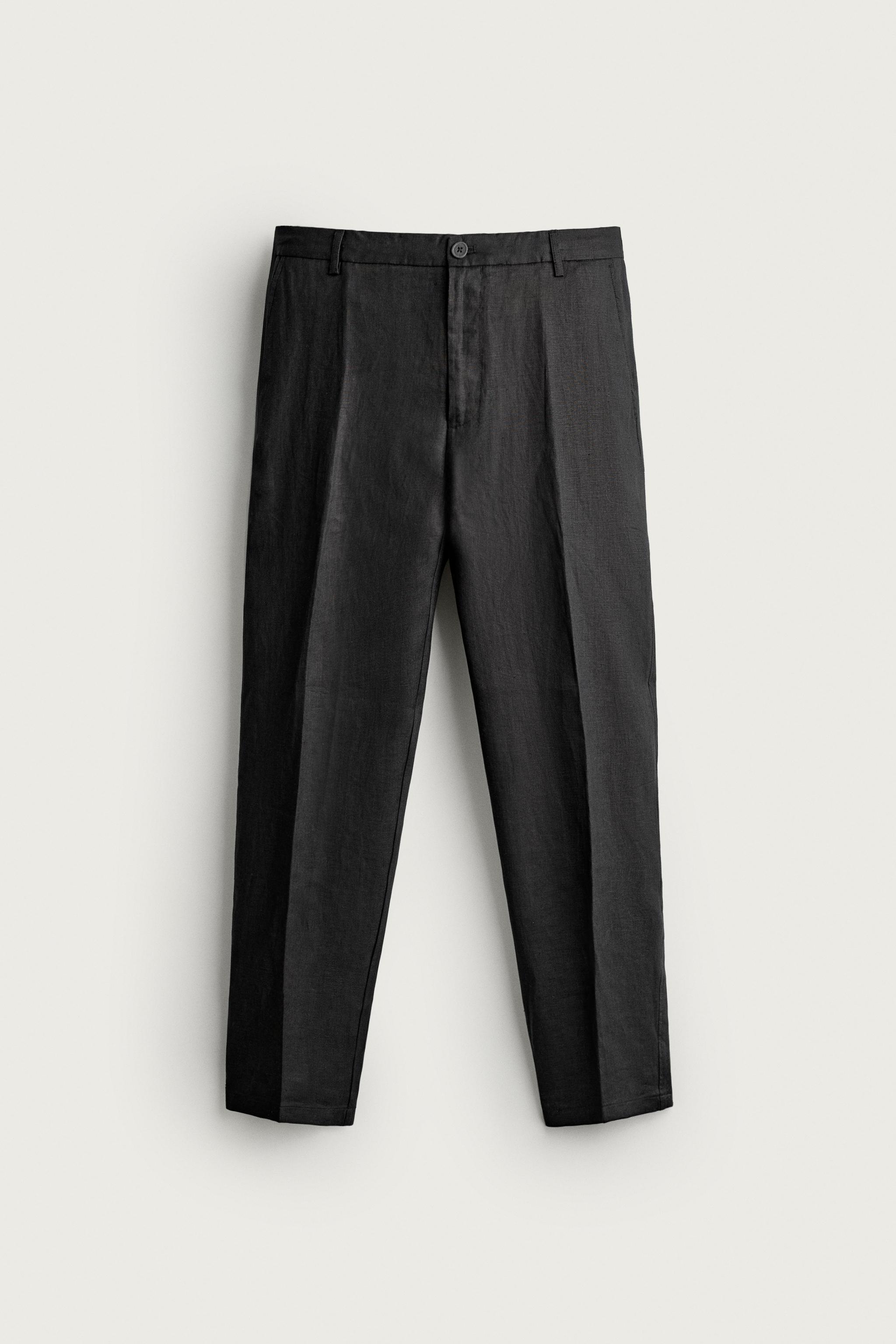 100% LINEN REGULAR FIT PANTS — Black