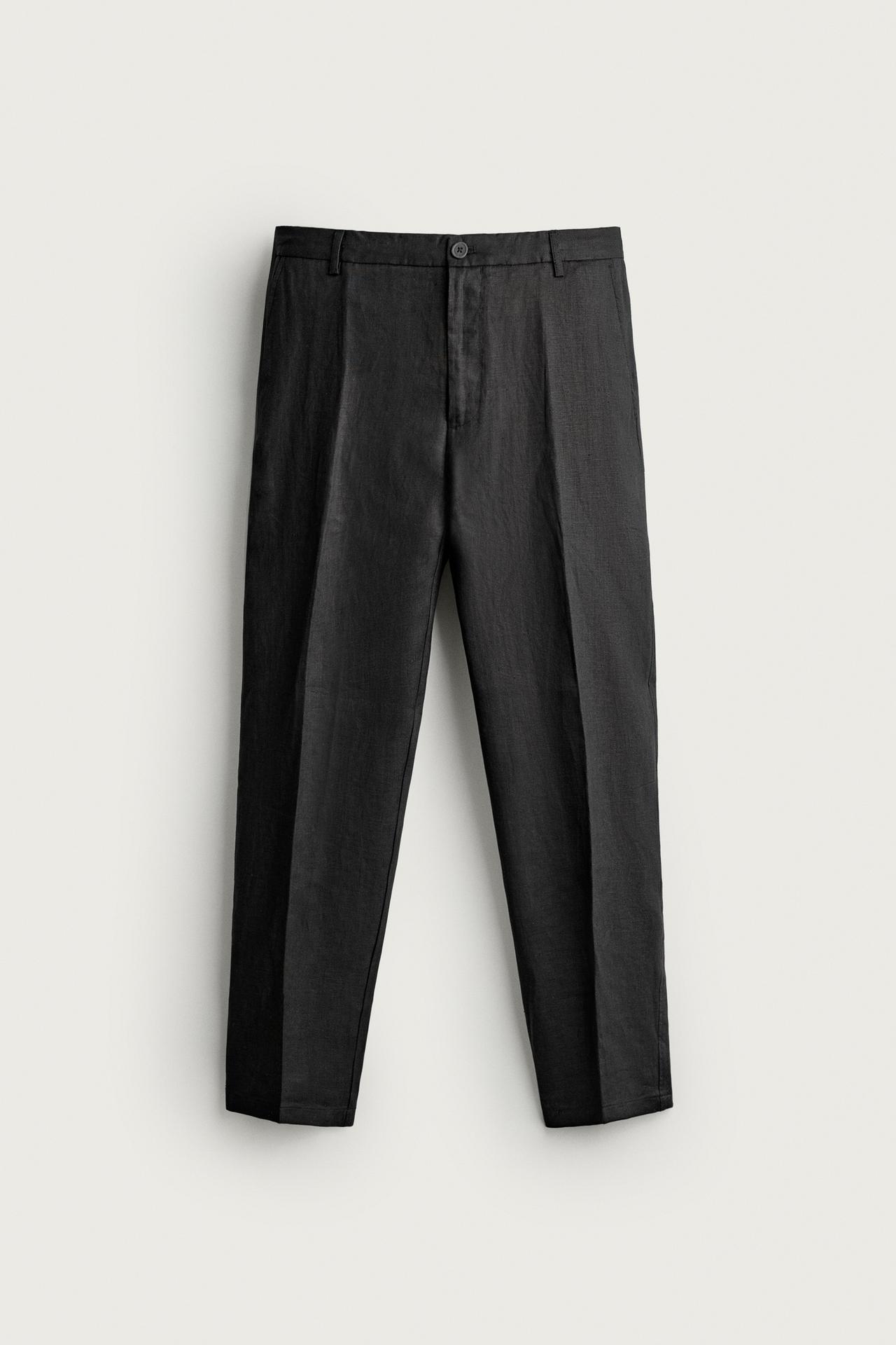100% LINEN REGULAR FIT PANTS — Black