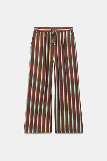Zara STRIPED WIDE LEG PANTS - Brown Stripes