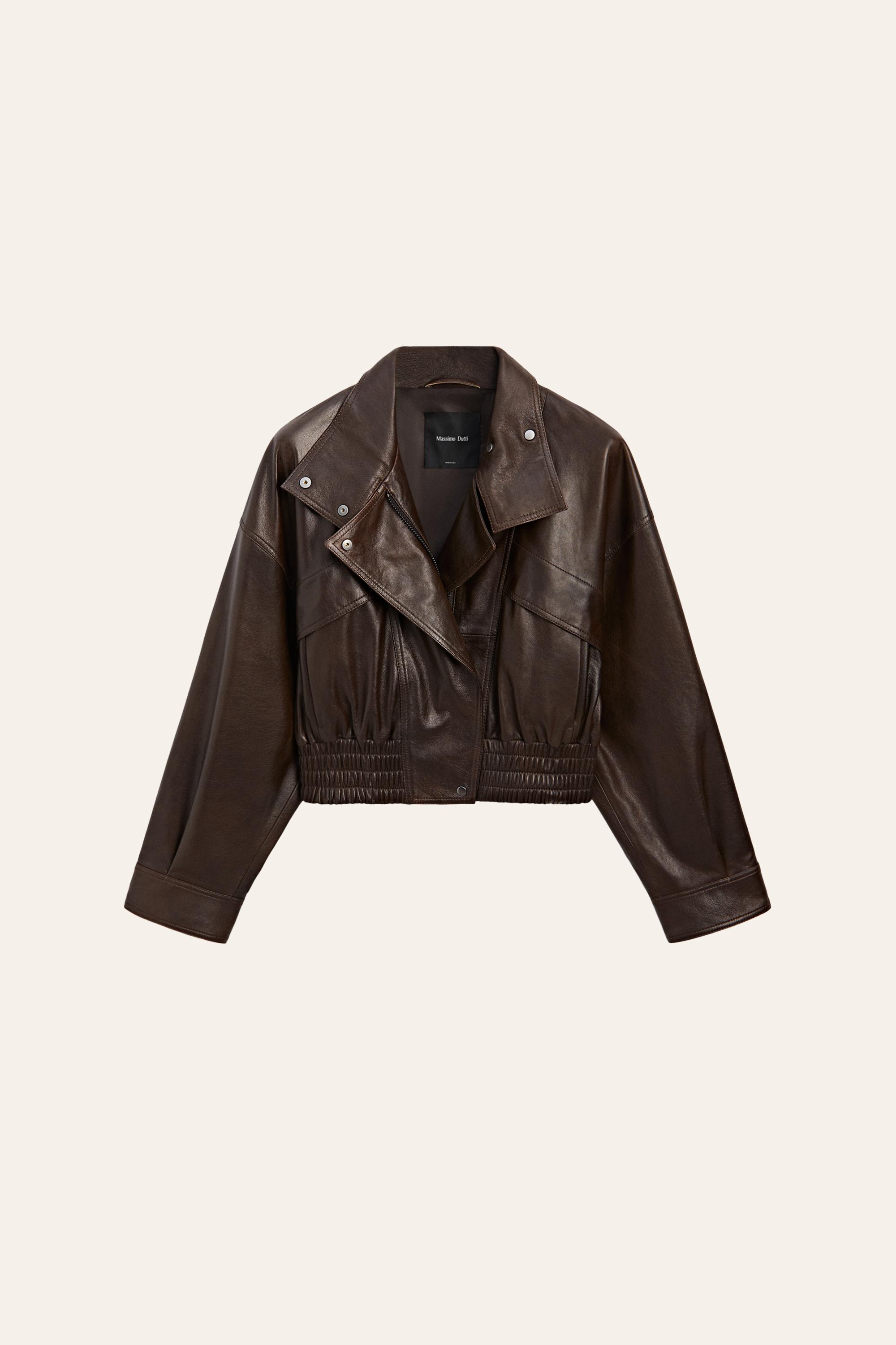Cropped nappa leather bomber jacket — Brown