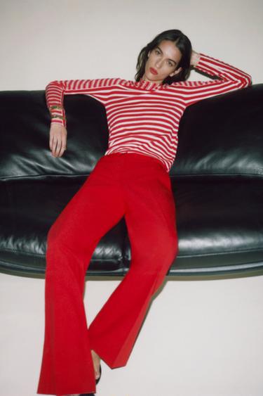 PANTALON DROIT TAILLE HAUTE - Rouge de Zara - Image 7