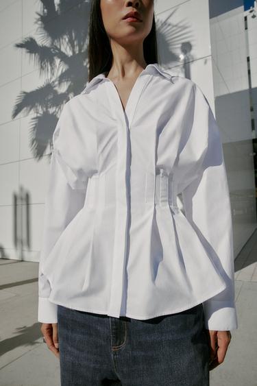 POPLIN SHIRT WITH PLEATS - White by Zara