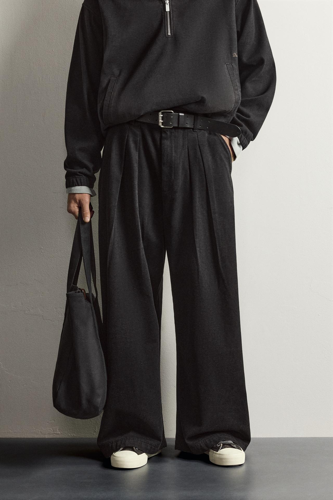 BRUSHED DENIM WIDE-FIT PANTS — Black