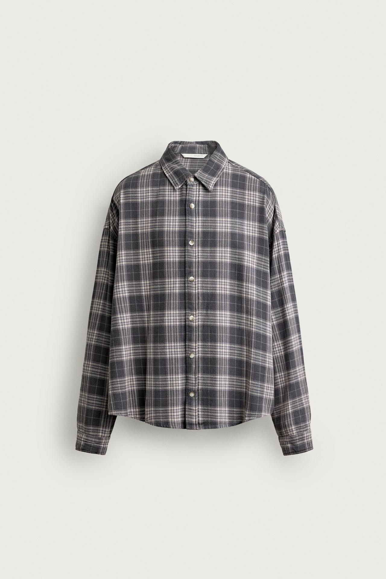BOXY FIT PLAID SHIRT — Gray