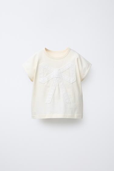 Zara LACE BOW T-SHIRT - Ecru