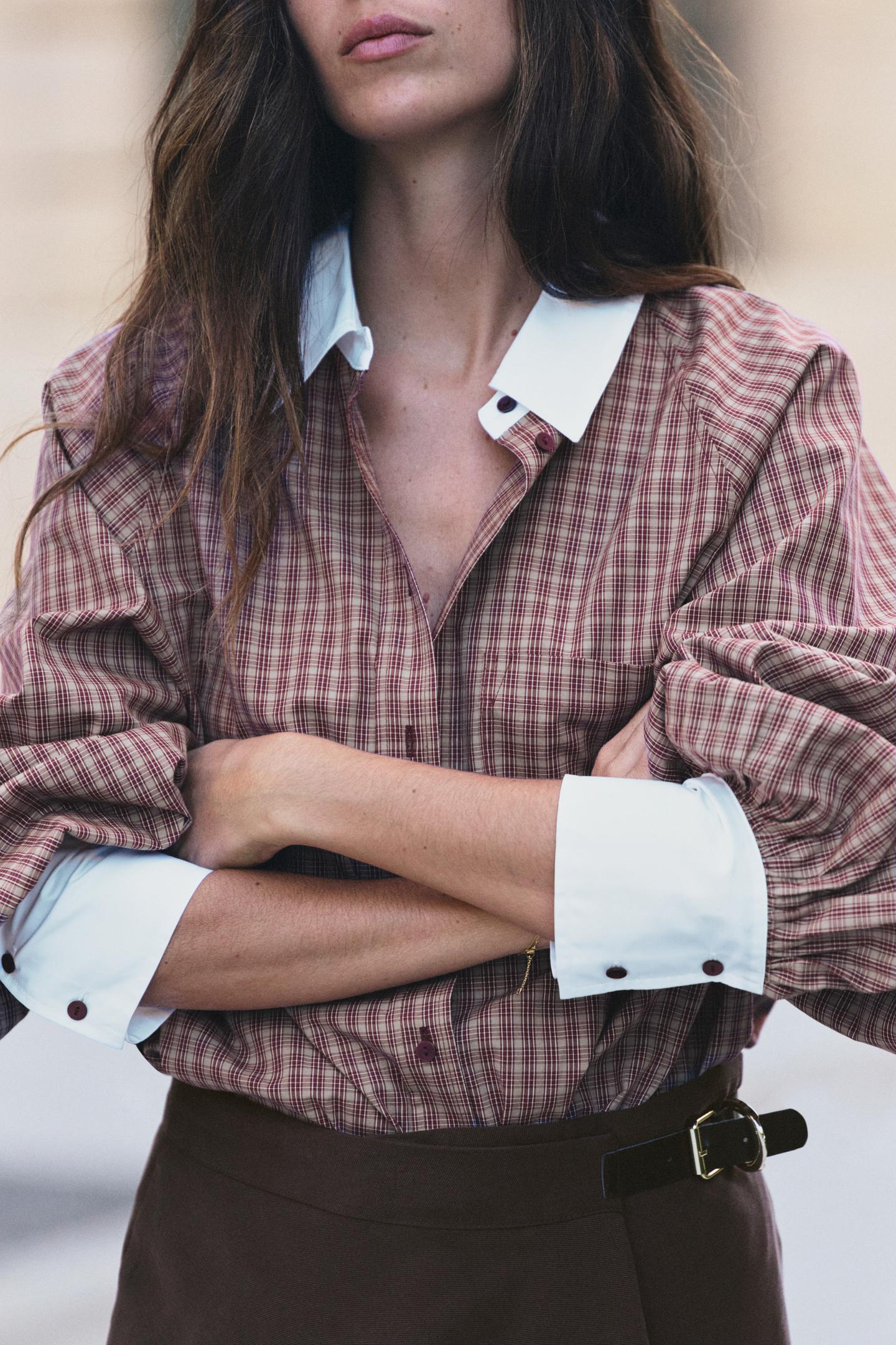 Женская рубашка Zara Combined Check, цвет: Тёмно-бордовый — фото 3